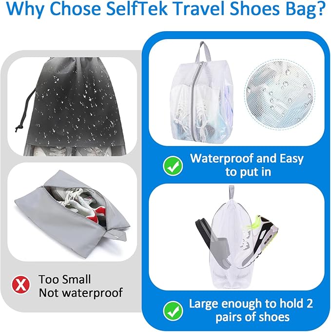 SelfTek Shoe Bags for Travel - 3 Pack 1 Size Double-Sided Zipper Shoe Bag for Men & Women, Waterproof Portable Shoe Storage Pouch with Handle, Family Travel Accessories - Medium Size