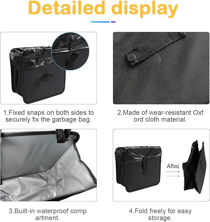 Osilly Foldable Car Trash Bin, Oxford Cloth Hanging Garbage Bag Organizer, 1.85 Gallon Capacity, Leak-Proof Waterproof Auto Storage Container, Interior Accessories