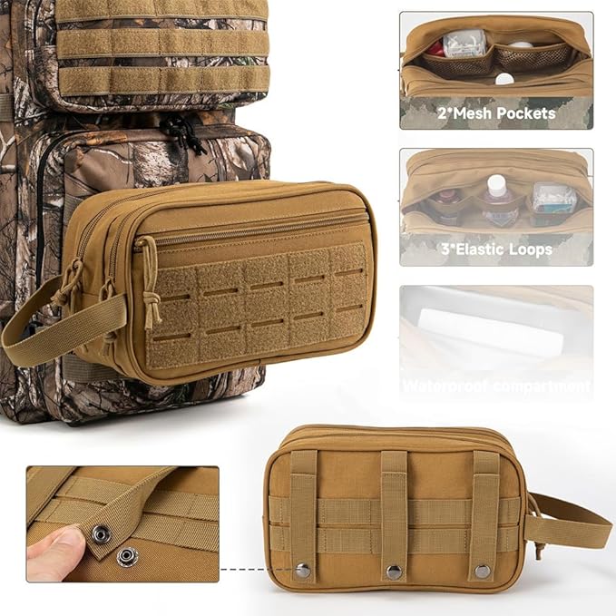 Toiletry Bag for Men - Tactical Hanging Toiletry Bag Small Foldable Shower Bathroom Organizer for Traveling/Cosmetics/Shaving (Khaki Bag)