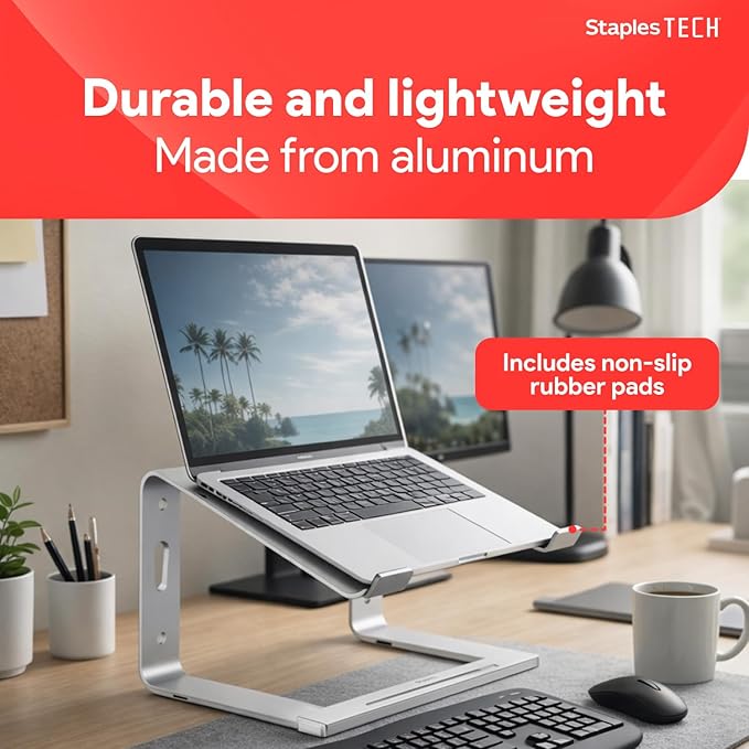 Staples TECH Adjustable Aluminum Laptop Stand ??Fits 11"??7" Laptops, Ergonomic Eye?‘Level Riser with Ventilated Cooling & Anti?‘Slip Base, Silver