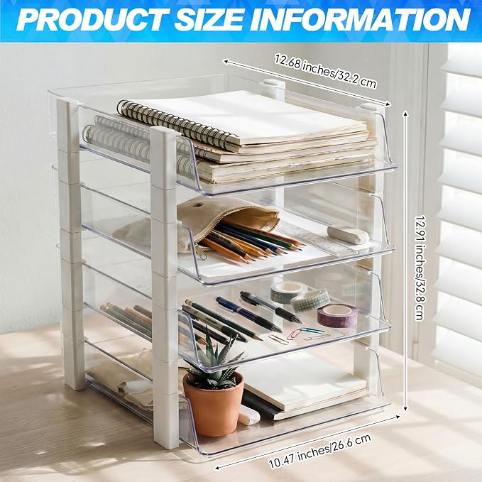 SiliFine 4 Tier Clear Stackable Desk Organizer 12.68 x 10.47 x 12.91 Inch Plastic Letter File Trays Rectangular Paper Storage Holder for Office Desktop Document Classroom Hospital (White)