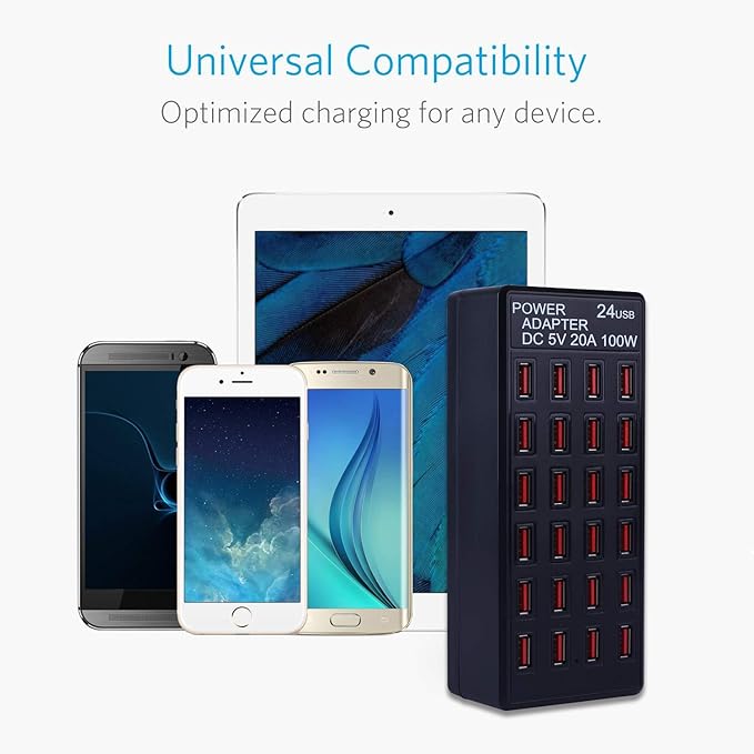 24-Port 100 watt (20 A) USB Charging Station, Home Desktop Fast Charger, Multiple Chargers, Suitable for Hotels, Shops, Schools, Shopping malls and Travel