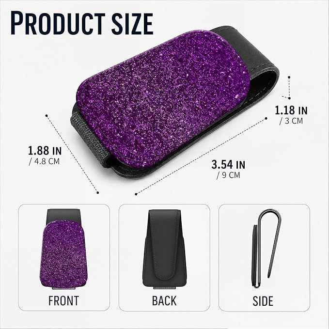 Leather Magnetic Sunglass Holder for Car Sun Visor, Cute Eyeglass Ticket Card Hanger Clip, Universal Auto Interior Accessories for SUV Pickup Truck, Purple Glitter