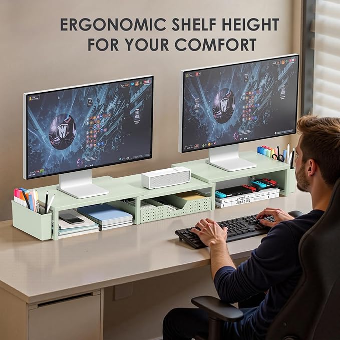 OPNICE Desk Organizers and Accessories, Dual Monitor Stand Riser with Drawer and 2 Pen Holders, Desk Shelf Metal Computer Monitor Stand for Office Workspace Organizers, Desktop Organization (Green Metal)