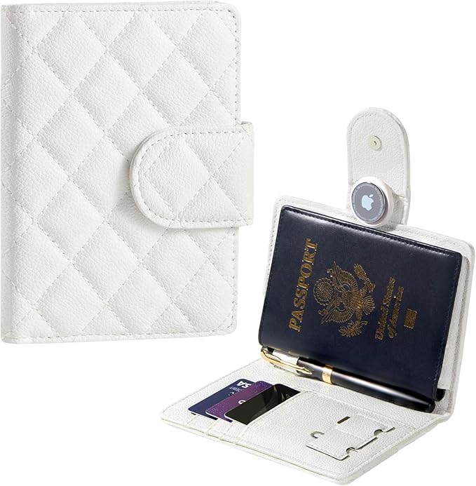 Passport Holder for Travel RFID Passport Holder with Airtag Compact Leather Passport Cover Case with Card Holders SIM Slots Passport Wallet for Women Men Airport Essentials Gift