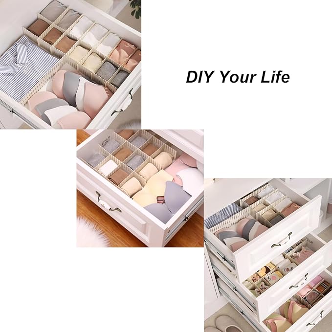 Onerbuy 8pcs Adjustable Grid Drawer Dividers DIY Plastic Closet Separator Tidy Organizer Container for Underwear Socks Belt Office Supplies(Beige)