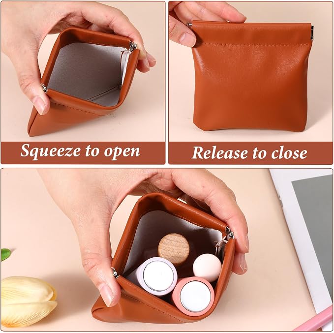Mini Makeup Bag for Purse, 2 PCS Upgrade PU Small Makeup Pouch, Portable Pocket Cosmetic Bag, Squeeze Top Self-Closing Small Purse Pouch for Women Travel Storage Coin Lipstick Charging Cable Earphones