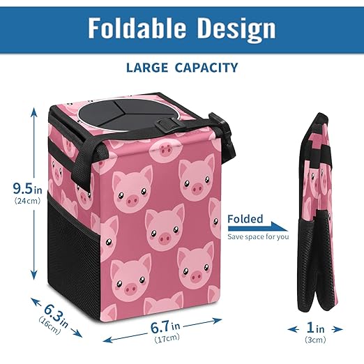 Car Trash Can Pink Piggy Pig Auto Garbage Bag Car Trash Can with Lid Leak-Proof Car Storage Bag Garbage Bag Hanging for Headrest Collapsible and Portable with Storage Mesh Pocket