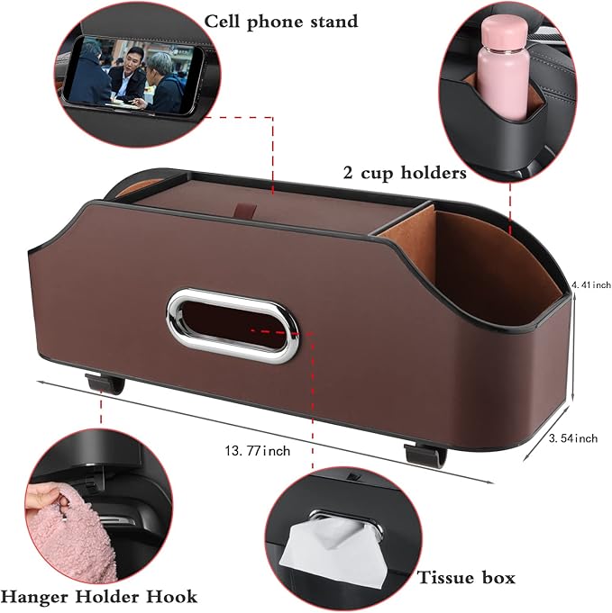 Car Seat Back Organizer - Stylish & Functional Storage for Family Adventures - Cup Holders, Tissue Box & Hooks - Perfect for Kids, Road Trips & Travel (Brown)