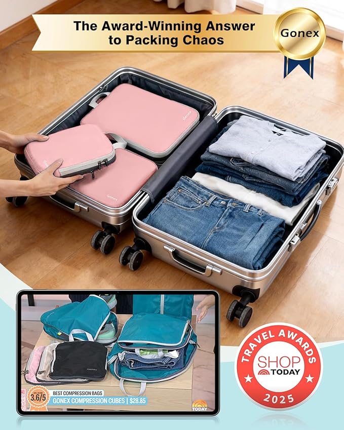 Gonex Compression Packing Cubes, 4pcs Expandable Storage Travel Luggage Bags Organizers (Pink)