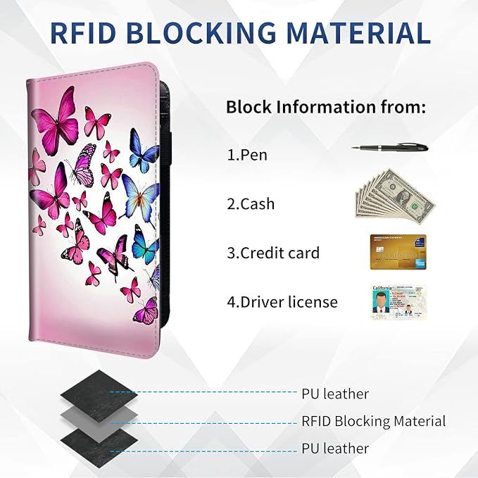 DEGDFSGR Checkbook Cover - Premium Leather Standard Duplicate Register Check Card Book Holder Wallet with RFID Blocking Function for Girl Men Women (Pink Flying Butterfly)