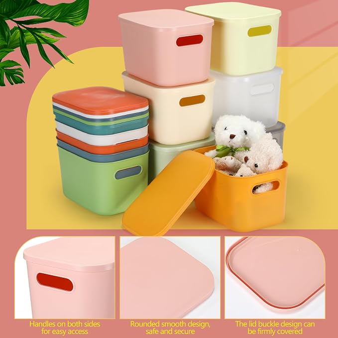 Thyle 12 Pack Colorful Plastic Storage Bins with Lids 7 Quart Toy Storage Box Stackable Nestable Organizer Boxes with Handle and Labels for Classroom, Shelf, Bedroom, Desktop, Toys, School Supplies