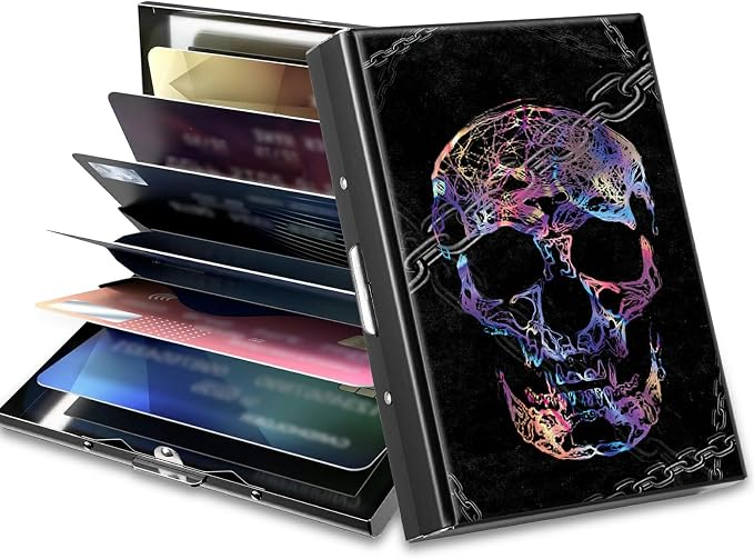 Slim Credit Card Holder, Shackle Skull RFID Blocking Metal Wallet for Men & Women, Aluminum Minimalist Hard Case Pocket-Sized Business Cards Organizer (Fits Up to 10 Cards)