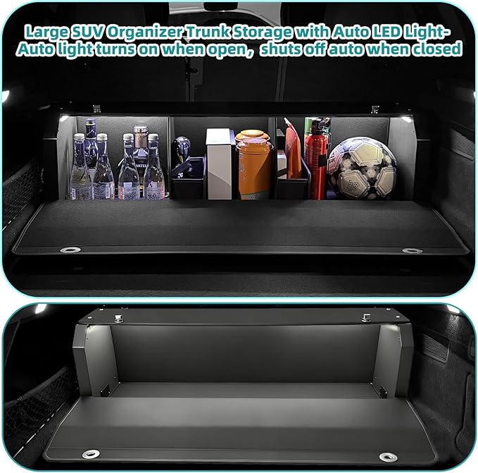 Car Trunk Organizer with LED Light, SUV Organizer Trunk Storage, Leather Callapsible Storage Box, Waterproof Car Organizers and Storage Powered by 4 AA Batteries(Batteries Not Included)