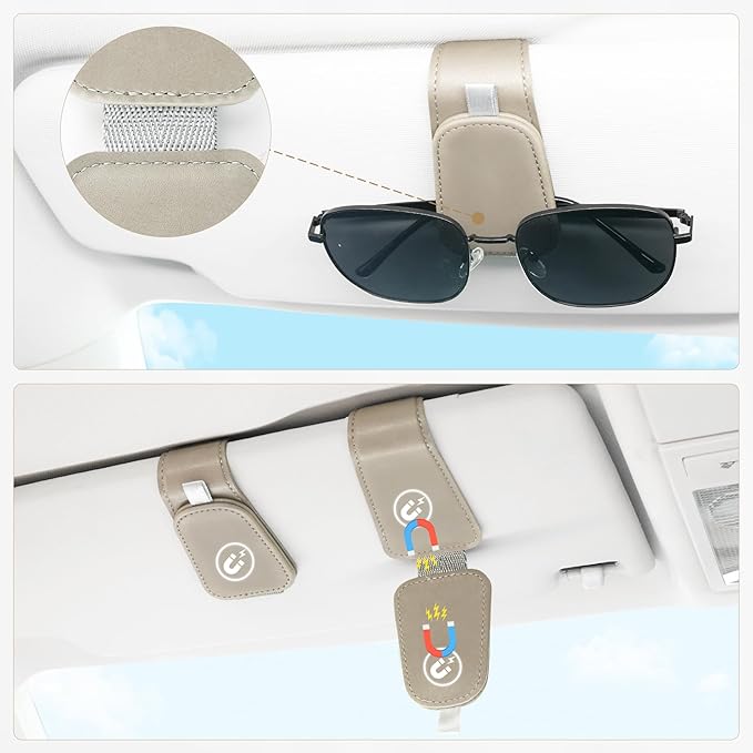 SINGARO 1 Pack Sunglass Holder for Car Visor Sunglasses Holder Clip, Universal Non-Slip Magnetic Leather Glasses Eyeglasses Hanger Mounter, Truck Interior Car Visor Accessories for Woman Man, Gray