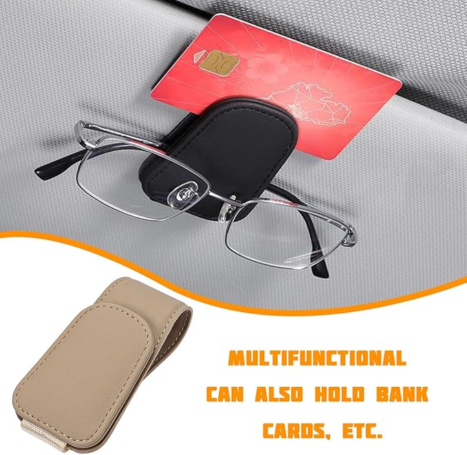 Sunglasses Holder for Car Visor, Microfiber Leather Magnetic Sun Visor Eyeglasses Hanger & Ticket Card Clip, Multi-Function Automotive Interior Glasses Mount, Universal Fit (Beige)
