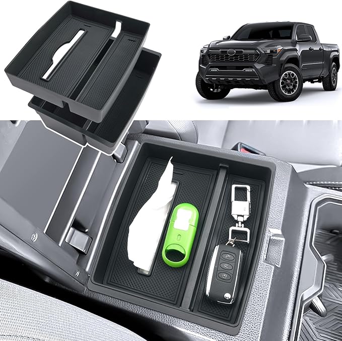 Double Layer 2024-2026 Tacoma Center Console Organizer for Toyota Tacoma (SR5/TRD Off-Road/TRD Sport/TRD Pro/Limited/Trailhunter),Durable ABS Plastic 2025 Tacoma Armrest Tray, Tissue Box Holder
