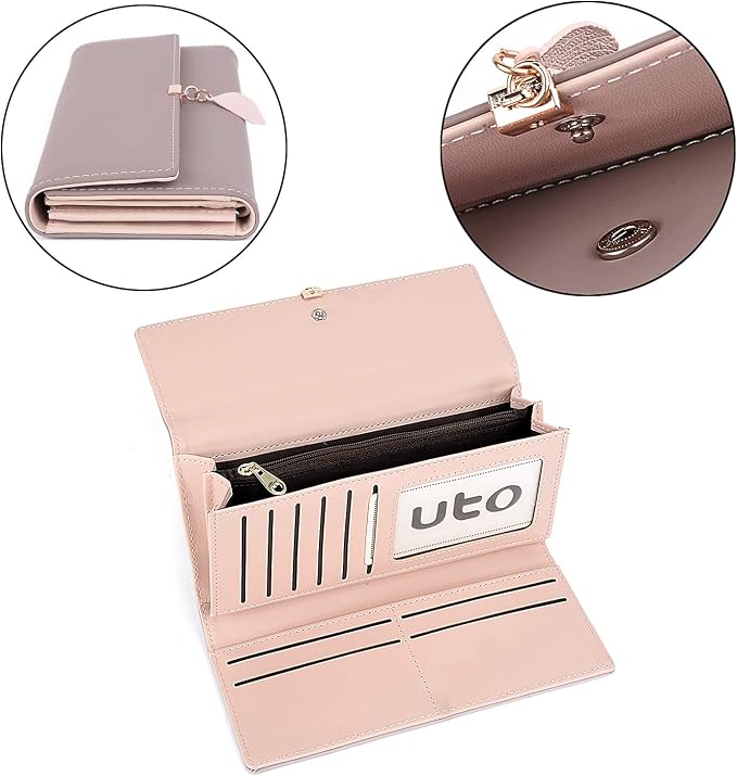 UTO RFID Wallet for Women PU Leather Leaf Pendant Card Holder Phone Checkbook Organizer Zipper Coin Purse | Leaf Pendant