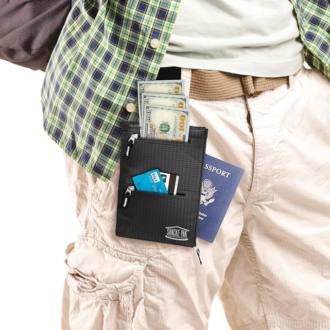 Shacke Hidden Travel 2 in 1 Belt Wallet Black Neck/Belt Hybrid Wallet w/RFID Blocker - Neck Pouch Passport Holder