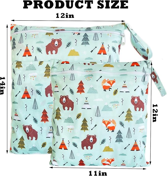 Wet Dry Bag for Cloth Diapers, 2PCS Waterproof Reusable Wet Bag with Zippered Pockets, Washable, Reusable for Travel, Beach, Pool, Stroller, Diapers, Dirty Gym Clothes, Swimsuits, 14x12In & 12x11In
