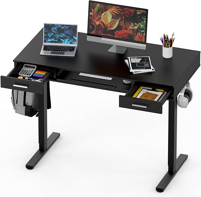 SHW 48-Inch Electric Height Adjustable Desk with Keyboard Tray and 2 Drawers, Black