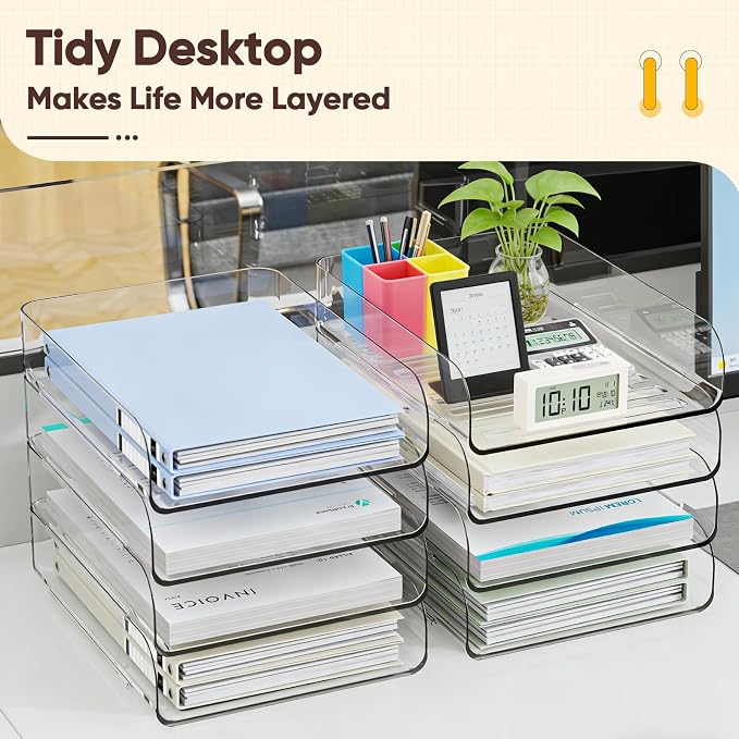 HIYOHIYO Clear Office Desktop Organization for A4 Letter Paper, 4-Tier | Vertical Style, Stackable, Large Capacity, Sturdy Office Organizer for File Folder, Stable Home Desk Holder and Storage