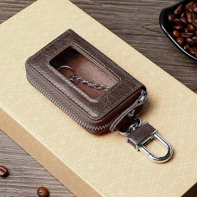BAKUN Premium Mini Leather Car Key Case, Car Smart Key Chain Holder Wallet Zipper Bag for Remote Key Fob