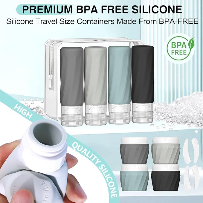 Silevoler 14pack Travel Bottles for Toiletries, TSA Approved Travel Size Toiletries Containers Set, Premium Silicone Leak Proof Refillable Squeezable & Creams jars Accessories Kit W/Clear Bag (Gray)