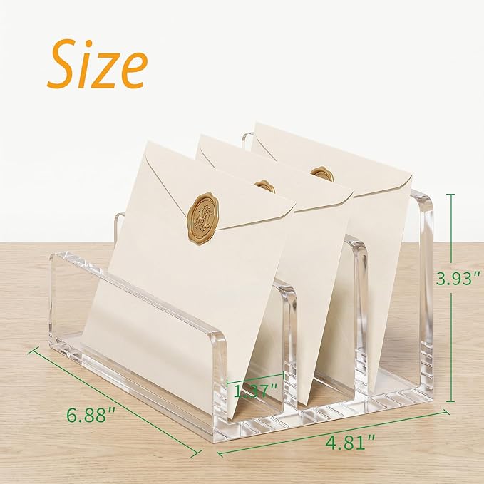Clear Acrylic Mail Holder, 3-Compartment Vertical Letter Organizer for Desk, Space-Saving Desktop Files, Bills& Notebooks Holder for Home, Office & School