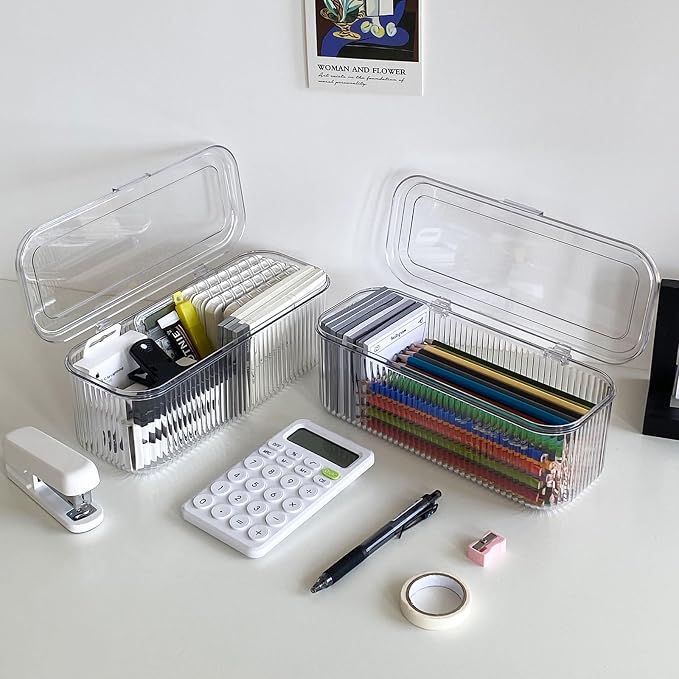 Clear Pen Organizer with Lid, Plastic Desk Drawer Accessories Storage Box for Home Office and School Classroom Organization, Art and Crafts Case for Marker, Pencils, Stationery