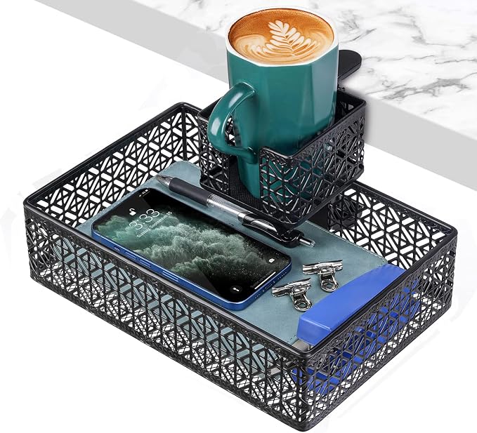 Black Modern Under Desk Drawer Organizer Clip-on Cup Holder & Phone Holder