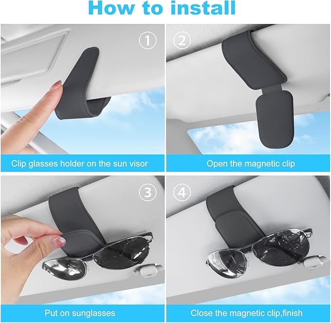 TCJJ Sunglasses Holders for Car Visor,Car Magnetic Glasses Holder Leather Sunglasses Clip and Ticket Card Clip Suitable for Car Interior Visor and Different Size Eyeglasses(Gray/2)