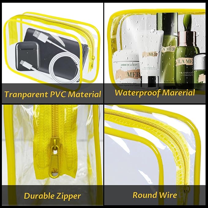 YedsIntu 16 Pieces Clear Makeup Bag PVC Zippered Clear Toiletry Carry Pouch Portable Cosmetics Bag Waterproof Makeup Bag Vinyl Plastic Organizer Case for Travel Vacation Bathroom (Yellow-M)