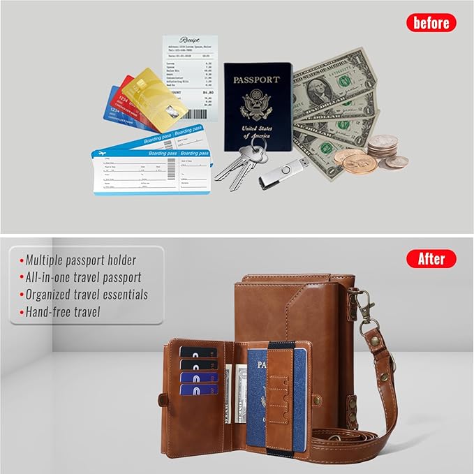 ASAPDOS RFID Blocking Family Passport Holder Wallet,Hold 2-3 Passports for Travel with Credit Card Slots & Wrist Crossbody Strap Brown