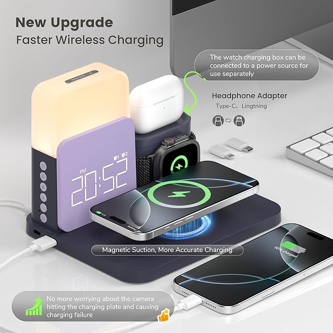 Alarm Clock Charging Station for Bedrooms, 7 in 1 Wireless Charging Station, Magnetic Charger with Night Light Bedside Clock for iPhone 17 16 15 14 13 12 Pro Max, Apple Watch, AirPods (Deep Purple)