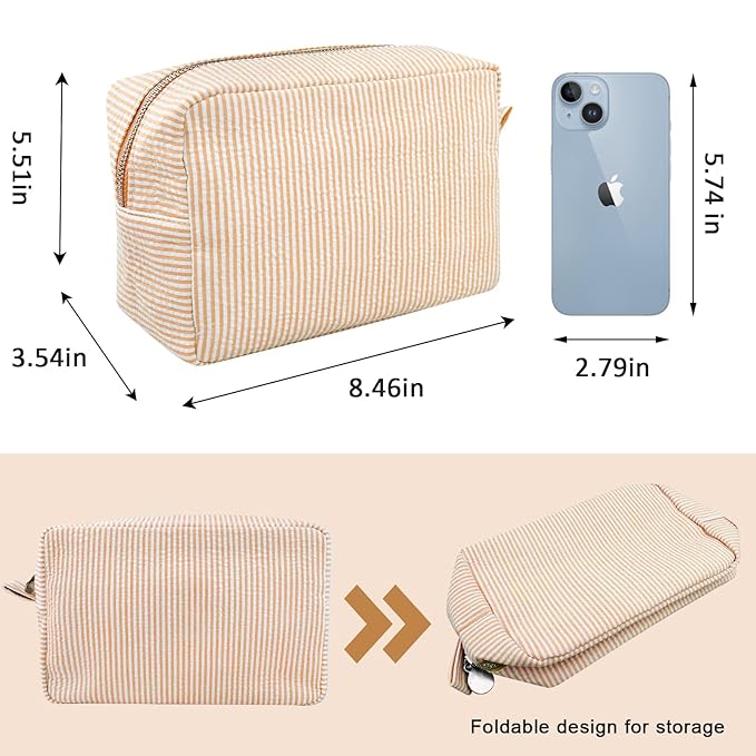 GFU Cosmetic Bags for Women, Seersucker Cosmetic Bag, Travel Toiletry Stripe Makeup Bag, Large Women Aesthetic Organizer Storage Pouch, Girls Handbags Purses, Orange