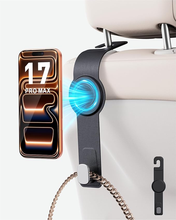 Car Headrest Hook with Swivel Magnet Phone Holder for Magsafe, 2-in-1 Double Hooks Hanger for Purse Bag, 360° Rotating Hands-Free Car Accessories for Handbag Coat Umbrella(1 Pack Black)