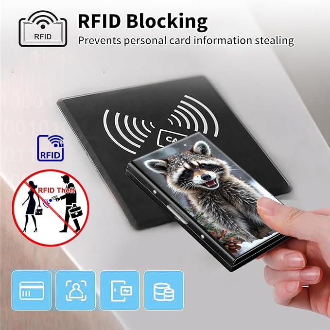 Metal Wallet,Credit Card Holder for Women Men,RFID Blocking Card Holder Mini Slim Aluminum Wallet ID Case Hard Case Business Card Holder Case,Raccoon Snow Cute