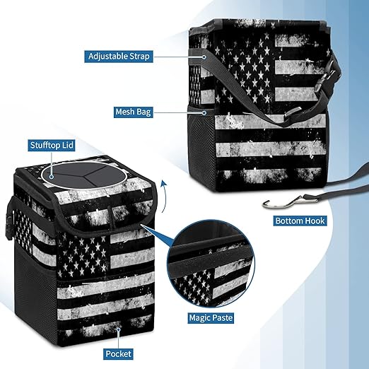 Car Trash Can Black White Grunge American Flag Auto Garbage Bag Car Trash Can with Lid Leak-Proof Car Storage Bag Garbage Bag Hanging for Headrest Collapsible and Portable with Storage Mesh Pocket