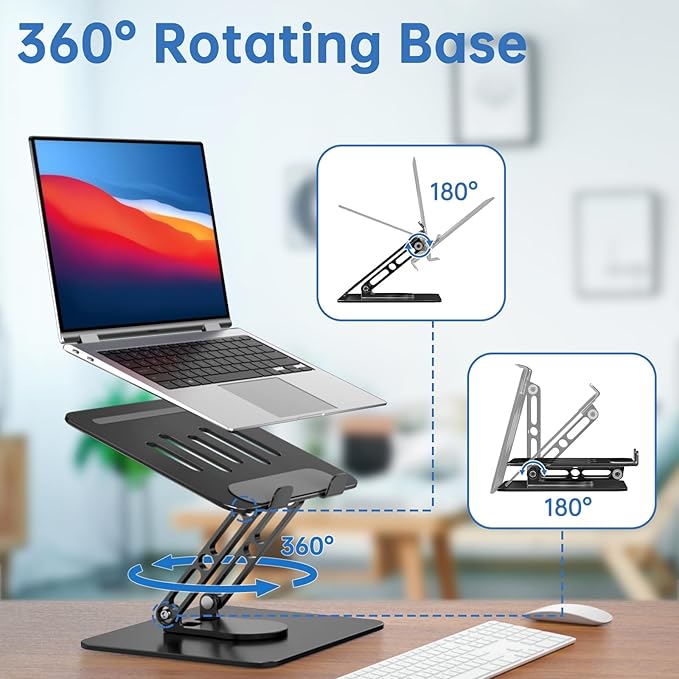 Laptop Stand for Desk Adjustable Computer Stand with 360 Rotating Base Ergonomic Laptop Riser Mount for Desk Foldable Protable Computer Desk Fits with MacBook Pro Air, Black
