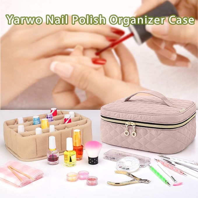 Yarwo Nail Polish Carrying Bag Holds 24 Bottles (15ml/0.5 fl.oz), Travel Storage Organizer for Nail Polish and Manicure Accessories, Dusty Rose
