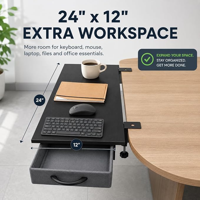 Desk Extender Tray with Drawer, 24 x 12 in, Clamp On Desk Shelf, Black | Extension Table Extender, Keyboard Tray Arm Rest, Front or Side Mount, 55 lbs, Home Office Gaming