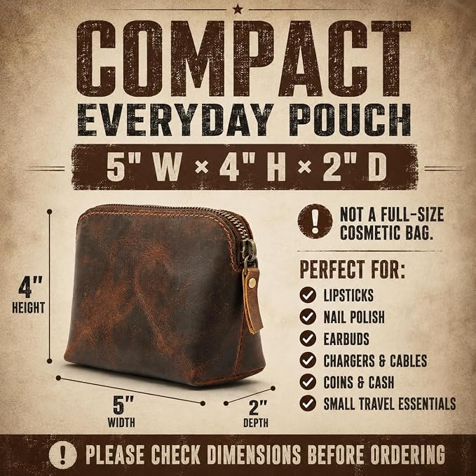 Full Grain Leather Cosmetic Bag – Zippered Makeup Pouch for Women, Small Travel Toiletry & Organizer Pouch for Purse, Premium Handmade Leather (5 × 4 × 2.5 in)