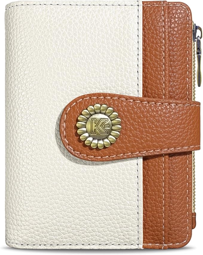 Kelvoris Small Rfid Women Wallet Bifold Zipper Coin Pocket PU Leather Compact Cash Credit Card Holder Travel Wallet for Female Ladies Teen Girls 1 ID Window 10 Card Slots White and Brown