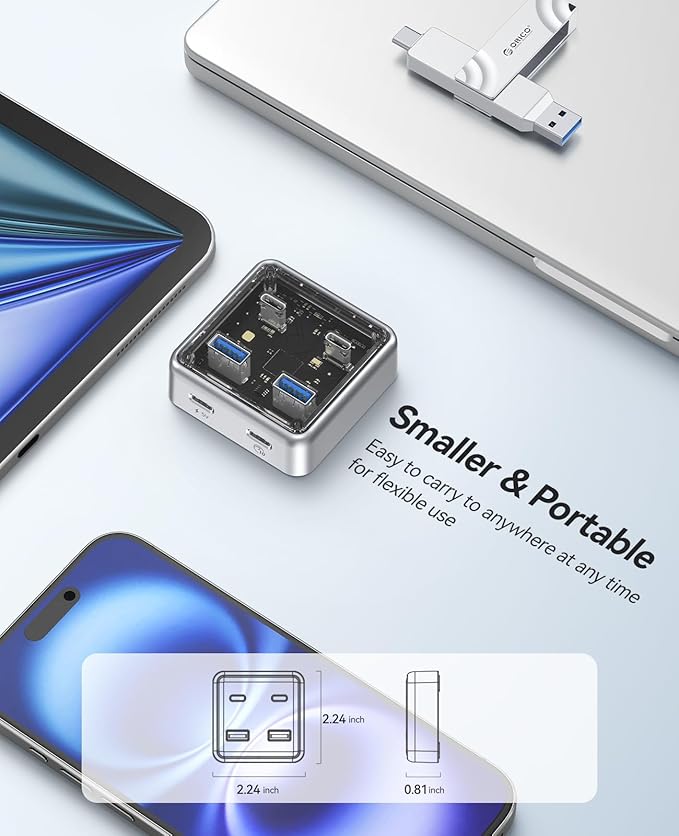 ORICO 10Gbps USB-C Hub, 4-Port Zinc Alloy USB 3.2 Splitter with 2 USB-A & 2 USB-C Ports, High-Speed Data Extender for Laptops, PCs, Desktops, and More (1.64Ft)