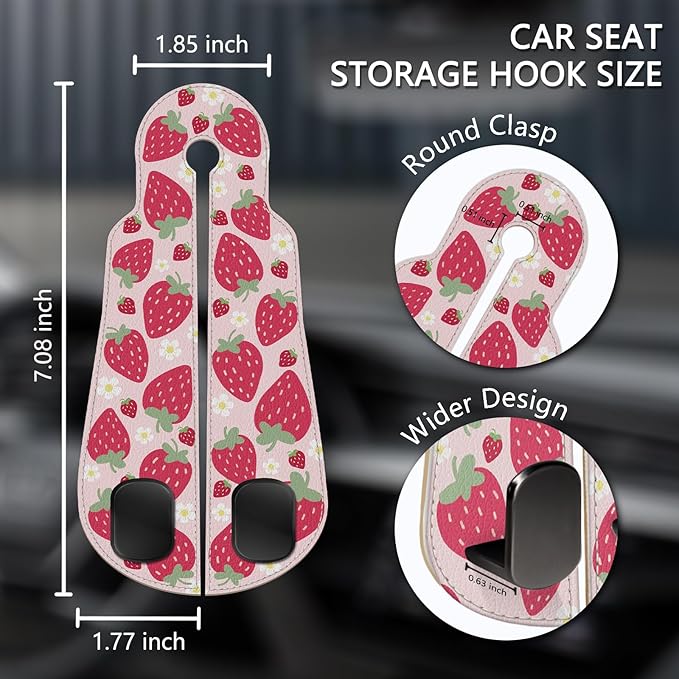 Blusabaca 2PCS Car Seat Back Storage Headrest Hooks, Cute Strawberry Purse Holder Bags Hanger, PU Leather Double Metal Hook for Backseat Organizer, Women Car Accessories Organization