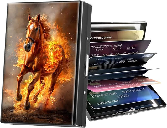 Metal Wallet,Credit Card Holder for Women Men,RFID Blocking Card Holder Mini Slim Aluminum Wallet ID Case Hard Case Business Card Holder Case,Fire Horse Cute