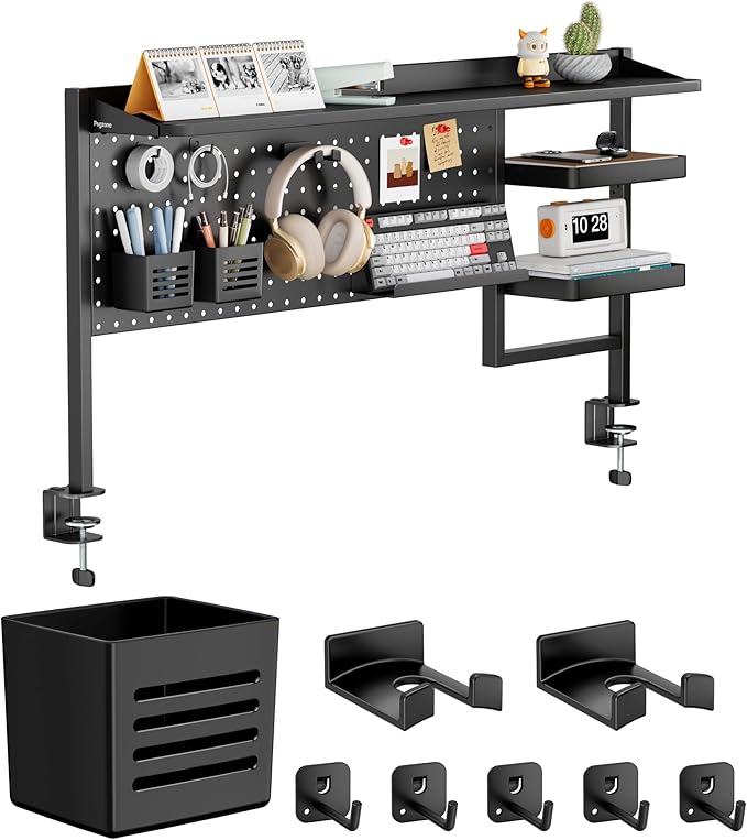 44" Clamp on Desk Shelf, Desktop Shelving System, Bundle with 8 Pieces Accessories, Black