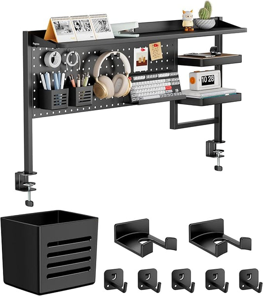 44" Clamp on Desk Shelf, Desktop Shelving System, Bundle with 8 Pieces Accessories, Black