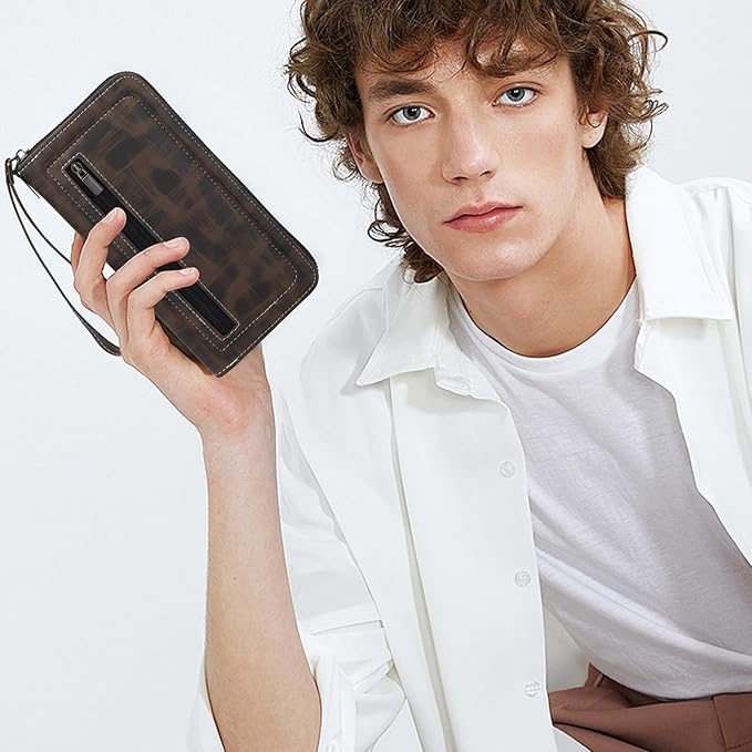 Long Wallets for Men, PU Leather Men's Wallets with Removable Wrist Strap, Multi Card Slot Mens, Zipper Wallets for Men with 8 Card Slots and Zip Coin Pocket (Grey)